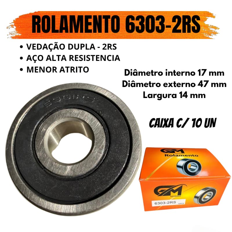 ROLAMENTO 6303 2RS Medidas 17x47x14 mm KIT COM 10 UNIDADES