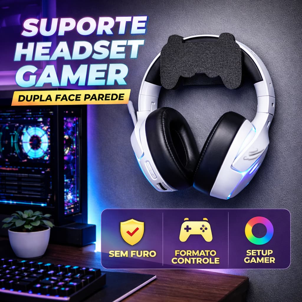 Suporte Headset Gamer Controle Parede Sem Furo Autoadesivo Organizador