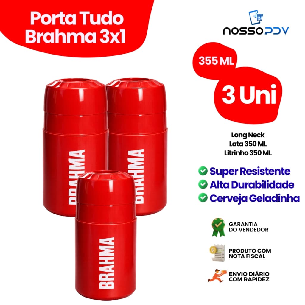 Kit 3 Porta Tudo 3x1 Para Cerveja Long Neck Litrinho Lata 355 ML Brahma Cor Vermelho Parede Dupla Alta Qualidade