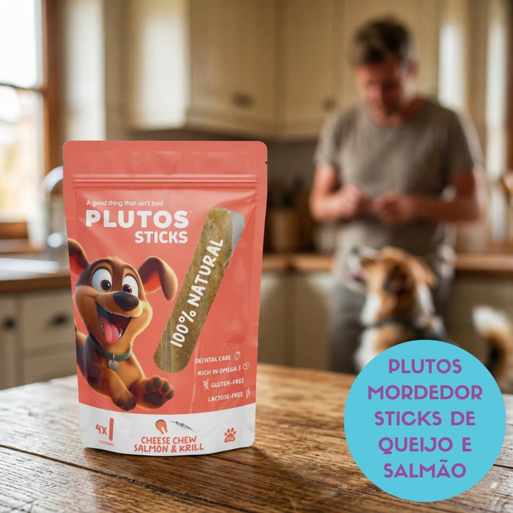 Mordedor Natural para Cães Plutos Sticks Queijo e Salmão 160g Saudável Higiene Bucal Antistress
