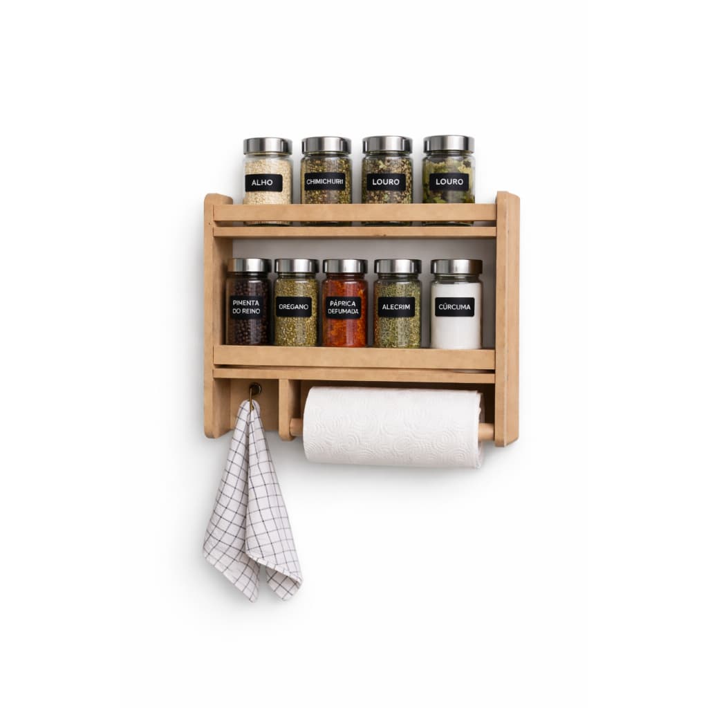 Porta Temperos Em MDF Simples Cozinha Suporte de Parede em Madeira Condimentos com Prateleira e Porta Papel Toalha