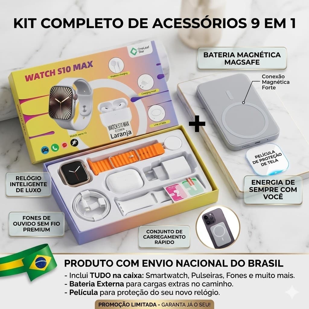 2026 Smartwatch Watch S10 Max 2.0 polegadas Kit 9 em 1 + Power Bank MagSafe + i15 tws