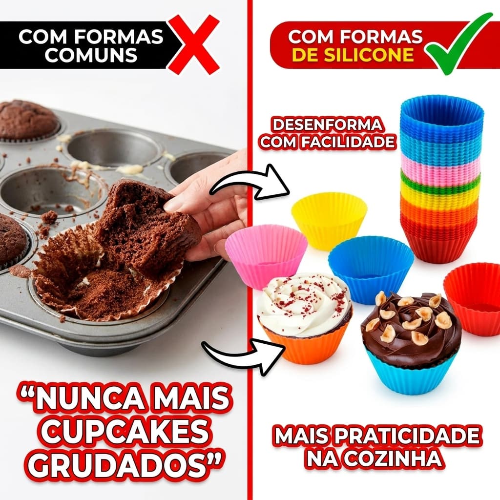 Kit 12 Formas de Silicone para Cupcake e Muffin Antiaderente Reutilizável Resistente ao Calor