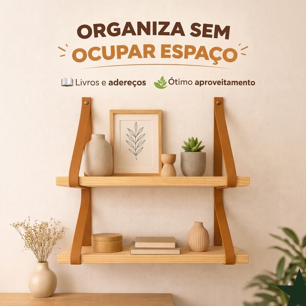 Prateleira Suspensa em Pinus com Alça de Couro | Decorativa Moderna para Sala, Quarto e Cozinha