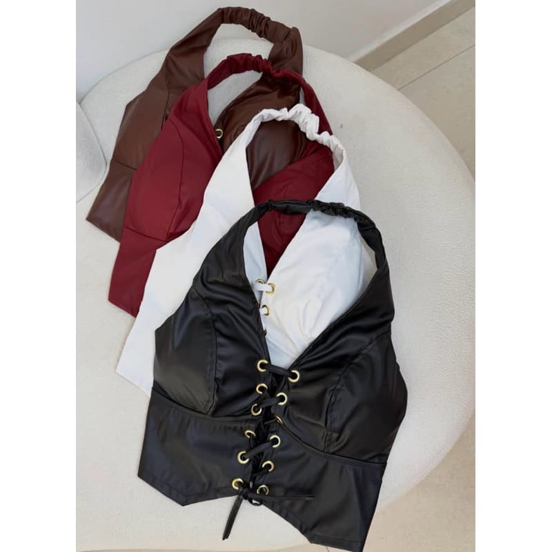 Corset Top Cropped Feminino em Couro PU com Costuras Modeladoras e Decote V com Amarração Estilo Boho Chic