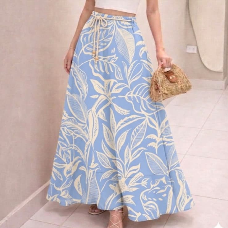 Saia Longa Rodada Estampada Tropical Cintura Alta Moda Atual