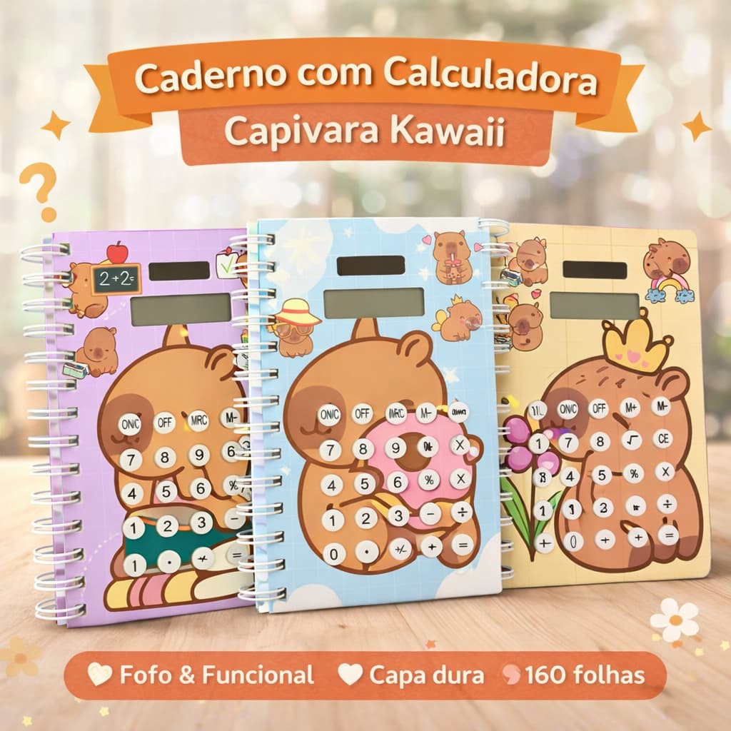 Caderno com Calculadora Solar Integrada Capivara Kawaii 160 Folhas Capa Dura Anotações Escolar