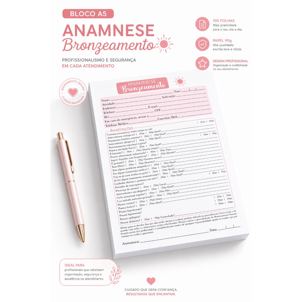 Ficha de Anamnese Bronzeamento (bloco 100 folhas) - Bloco Anamnese Bronze