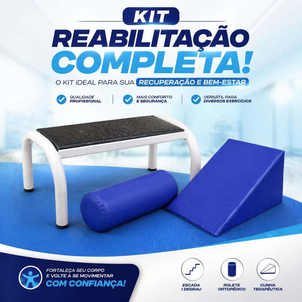 Kit Reabilitação Completa Ortopédico – Escada 1 Degrau + Cunha Terapêutica + Rolete Fisioterapia