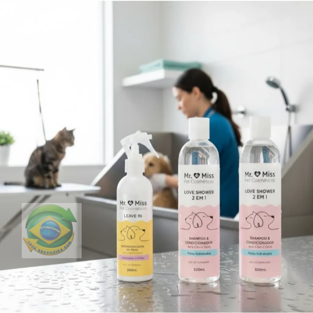 kit pet 03 un Leave-in Desembaraçador De Pelos Nós Pet 240ml, caes e gatos  2 SHAMPOO E CONDICIONADOR 500ML 2 em1