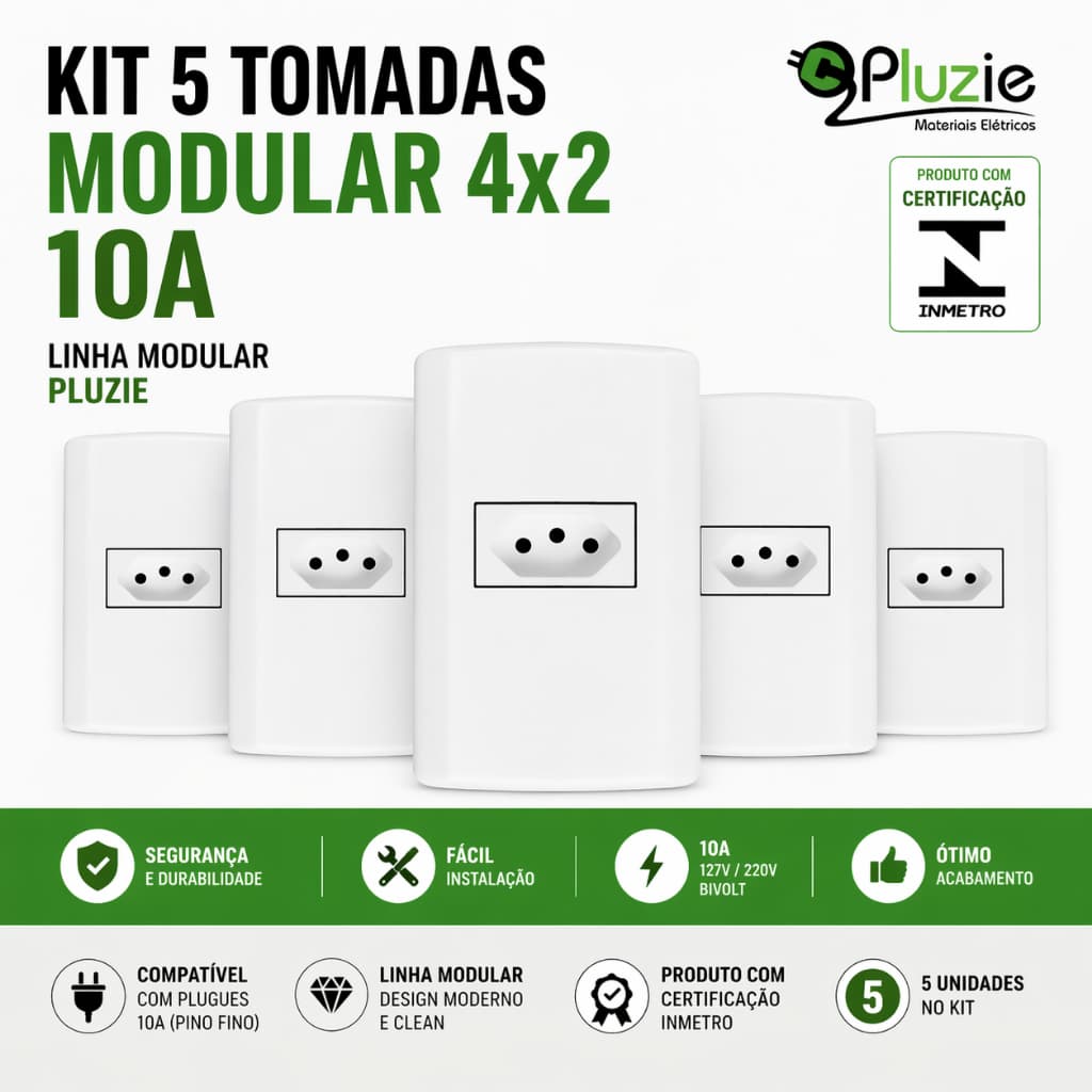 Kit 5 Tomadas Simples Modular 10a 250v 4x2 Pluzie Pluzi Modular