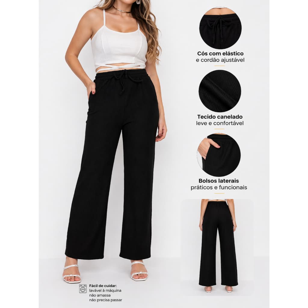 Calça Feminina Pantalona Tecido Malha Ana Canelada Tricô Importada com Bolsos Tendência outono Inverno