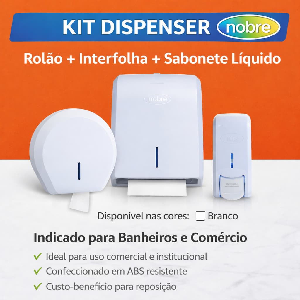Kit Dispenser Banheiro 3 Peças: Rolão + Toalheiro Interfolha + Saboneteira ABS - Branco