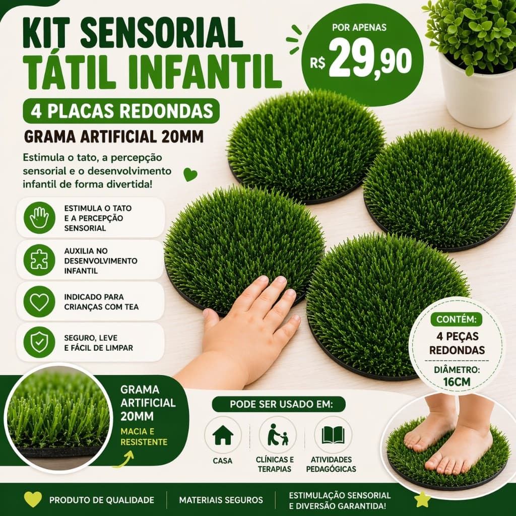 Kit Sensorial Tátil Infantil – 4 Placas Redondas 16cm Grama 20mm (Estimulação TEA)