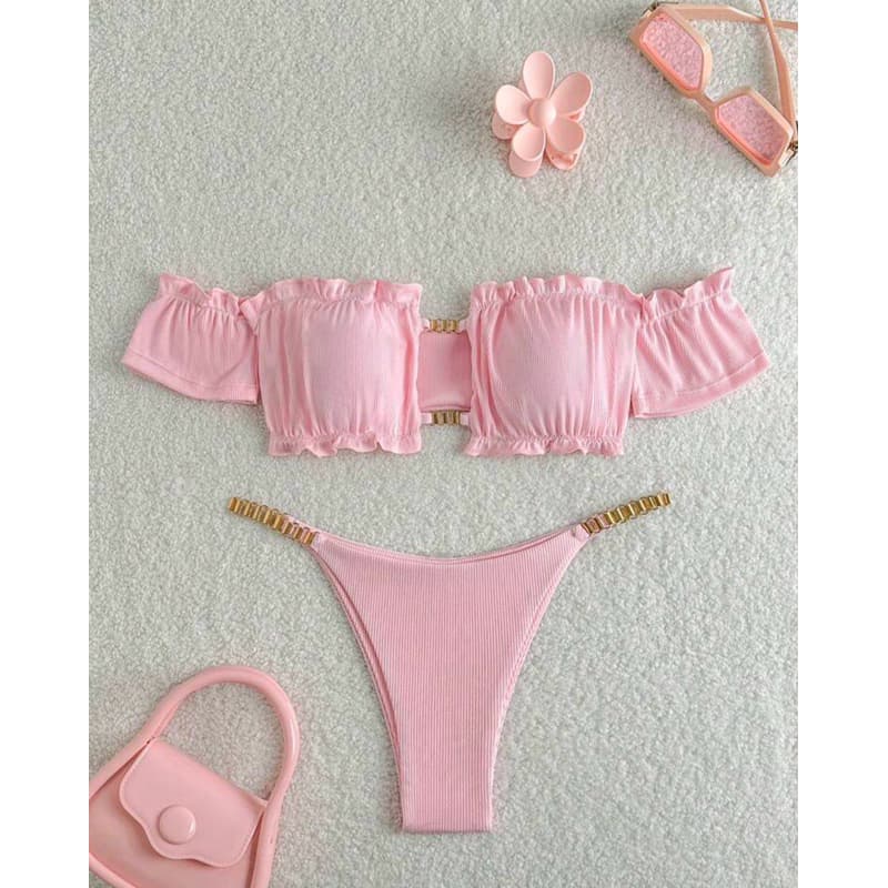 Biquíni Ciganinha Rosa Pastel Texturizado Feminino Moda Praia Luxo Verão Tendência