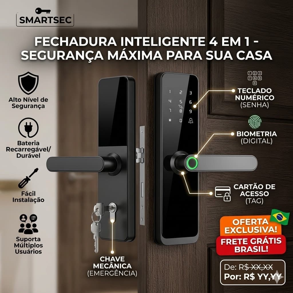 Fechadura Digital Inteligente 4 em 1 – Biometria, Senha, NFC e Chave Tradicional (RF433)