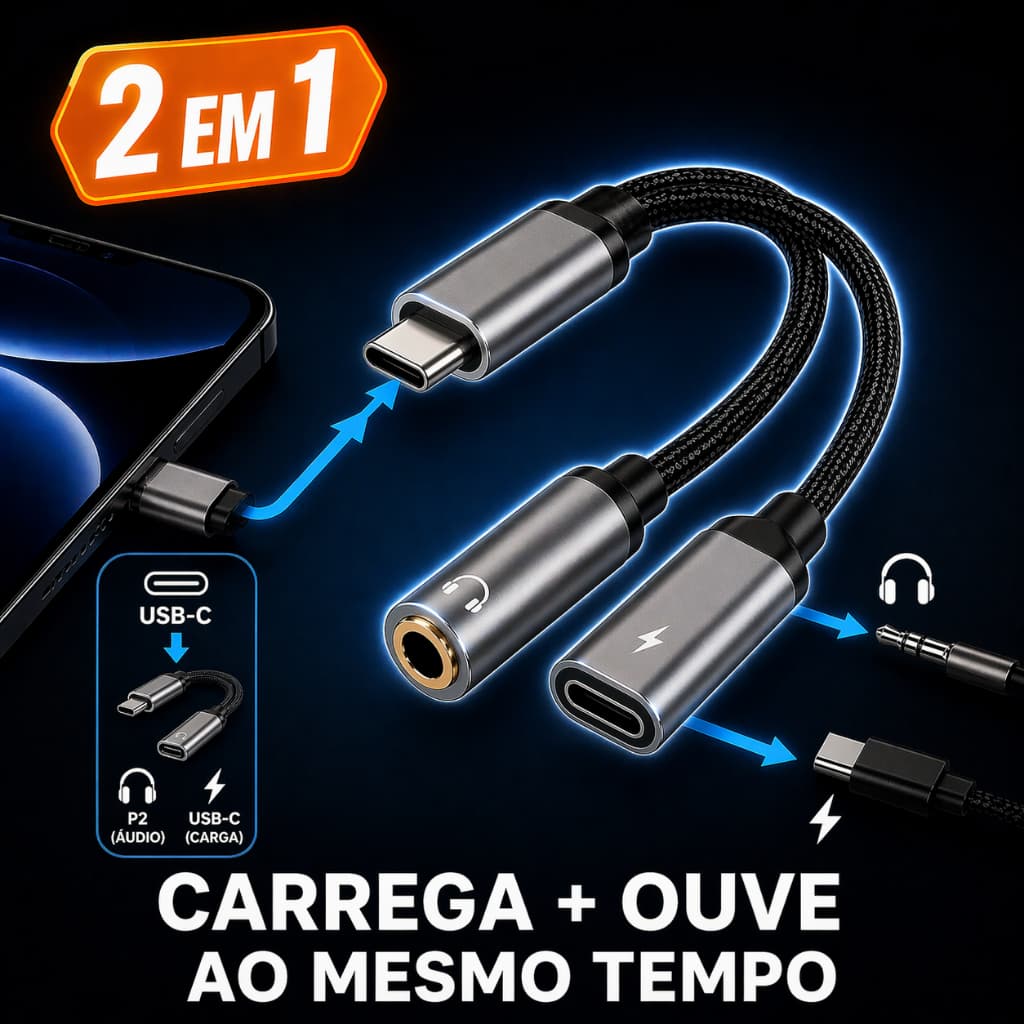 Adaptador Tipo-C Para P2 3.5Mm Tipo C Dual Com Carregamento Turbo Chip DAC Preto