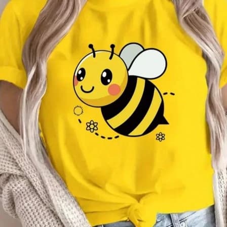 Camiseta Feminina Estampa De Abelhinha Delicada Confortável Tecido Leve Manga Curta 100% Algodão