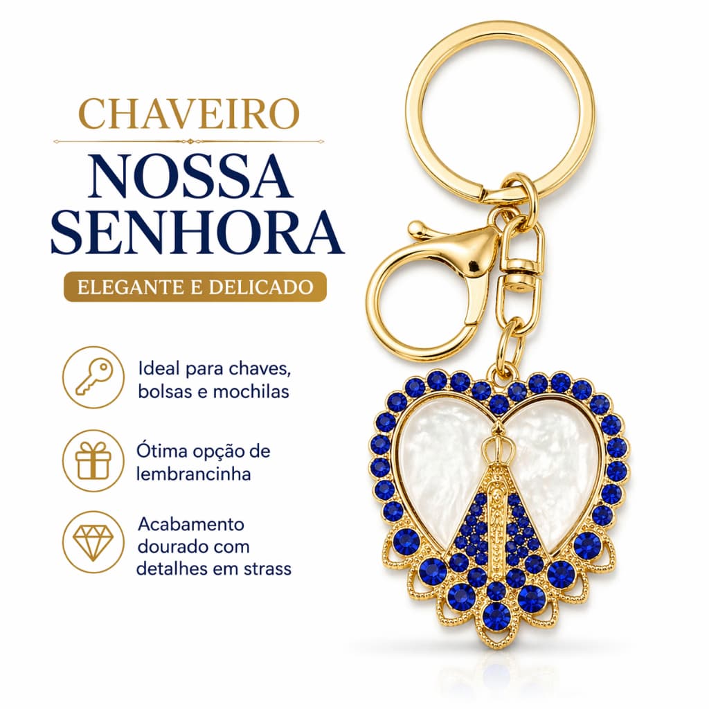 Chaveiro Nossa Senhora Aparecida Dourado com Strass Azul Lembrancinha Religiosa com Argola e Gancho