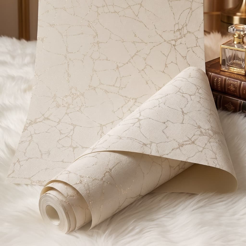 Papel de Parede Importado Fundo Tom Areia com Detalhes em Glitter Dourado - Rolo 10m x 53cm (5,3m²) - Cola Inclusa