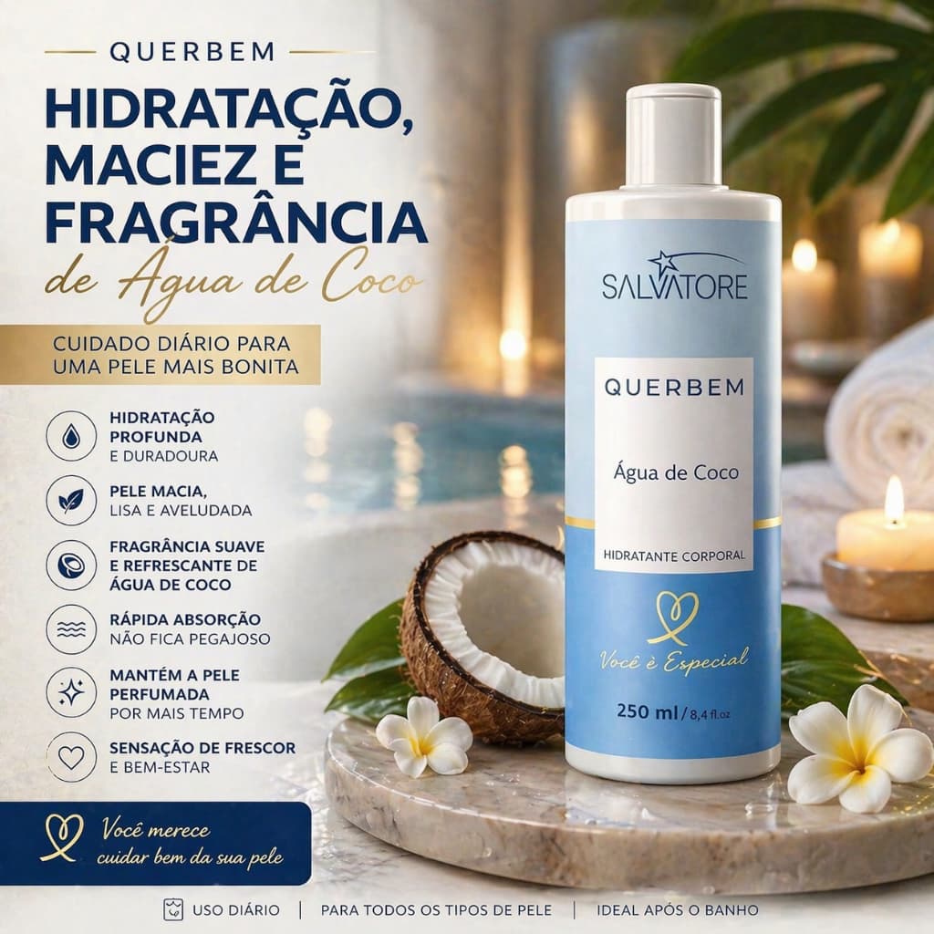 Creme Hidratante Água de Coco Salvatore QuerBem 250ml Hidratação Profunda Pele Macia Perfumada