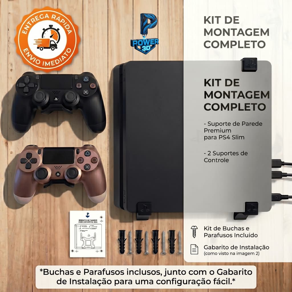 Suporte PS4 Slim Parede + Com 2 Suportes Para Controles + Gabarito Furos Completo Premium
