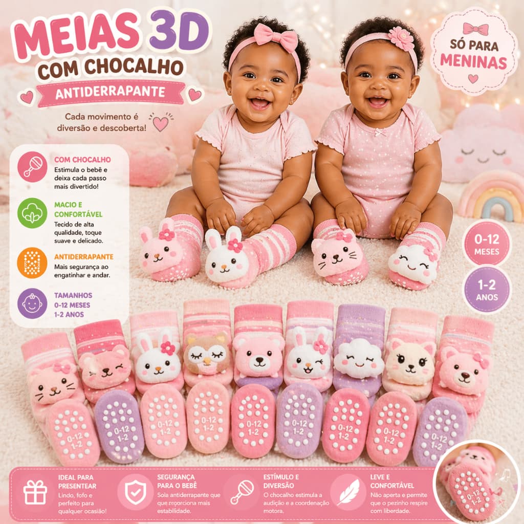 6/12 Meias Bebê Infantil Menina Meia 3D com Chocalho Fofa Kit Pares Antiderrapante Macia 0 a 24 Meses