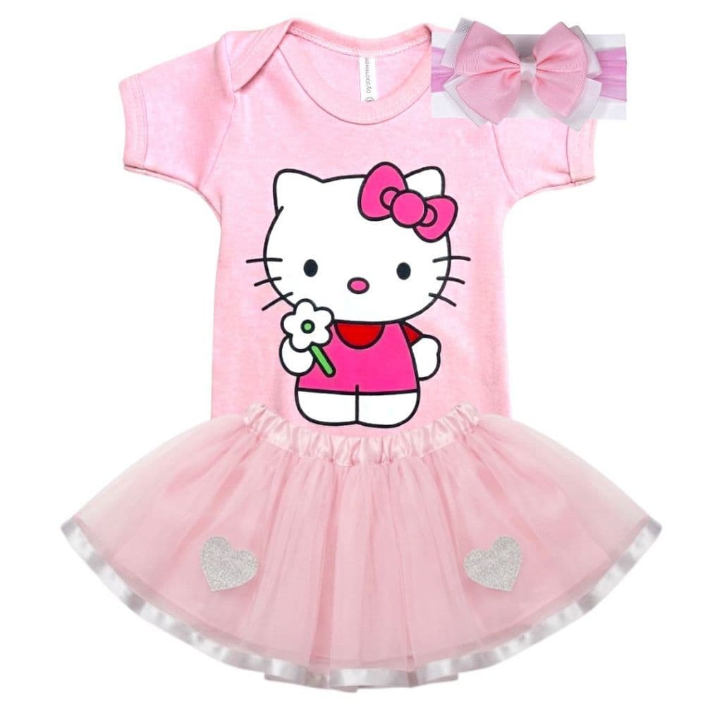 Kit Body Bebê Hello Kitty + Faixa Laço e Saia Tule Menina Mesversário