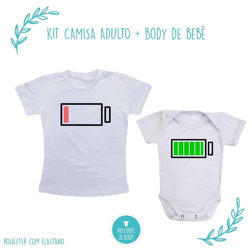 Kit Mãe e Filho(a) Camisa Mãe + Body Bebê Bateria Descarregada/Carregada – Look Divertido e Criativ