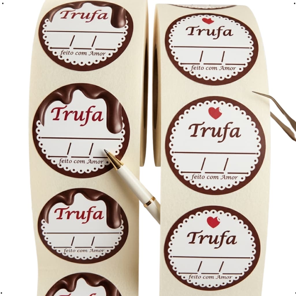 Etiquetas Para Trufas e Bombons 3x3cm Couchê auto-Brilho - cola de alta adesão - rolo com 500 cada