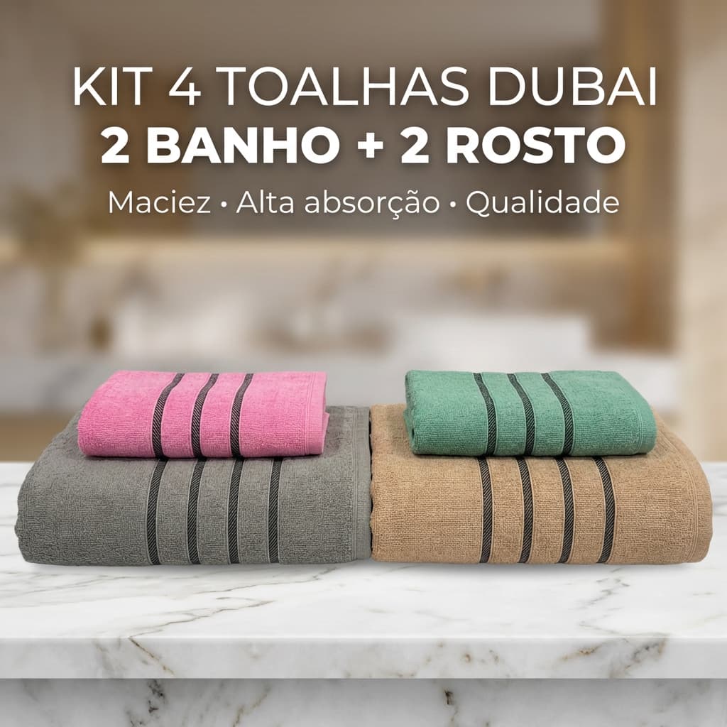 Kit 4 Peça Toalha De Algodão Dubai 2 Banho + 2 Rosto Conforto Macia E Absorvente