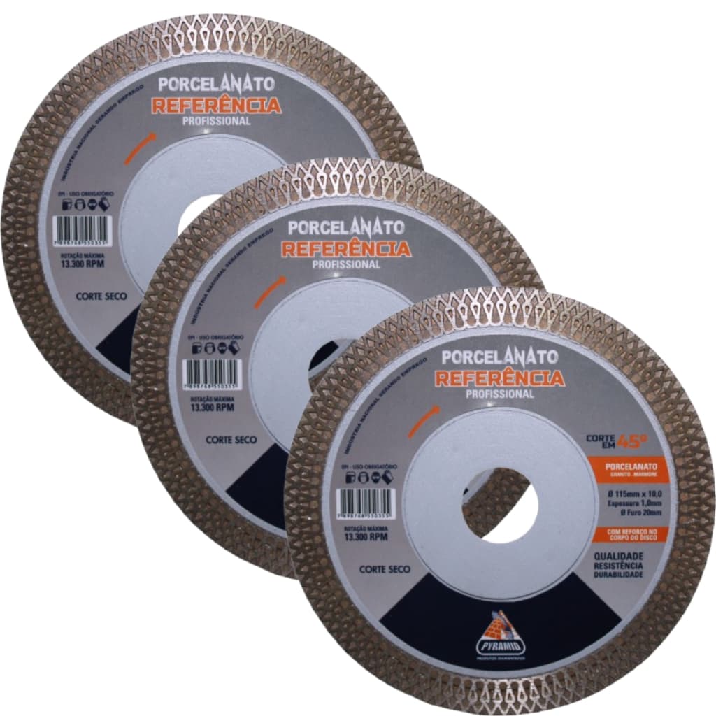 Kit 3 Discos Diamantado Porcelanato Reforçado Corte 45°