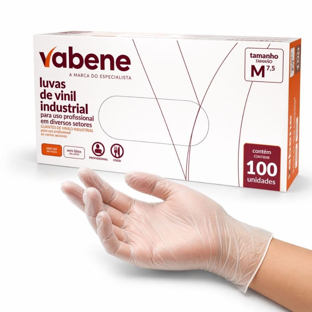 Luva de Vinil Industrial Vabene Descartavel Tamanho M Sem Pó Caixa com 100 Unidades Transparente.