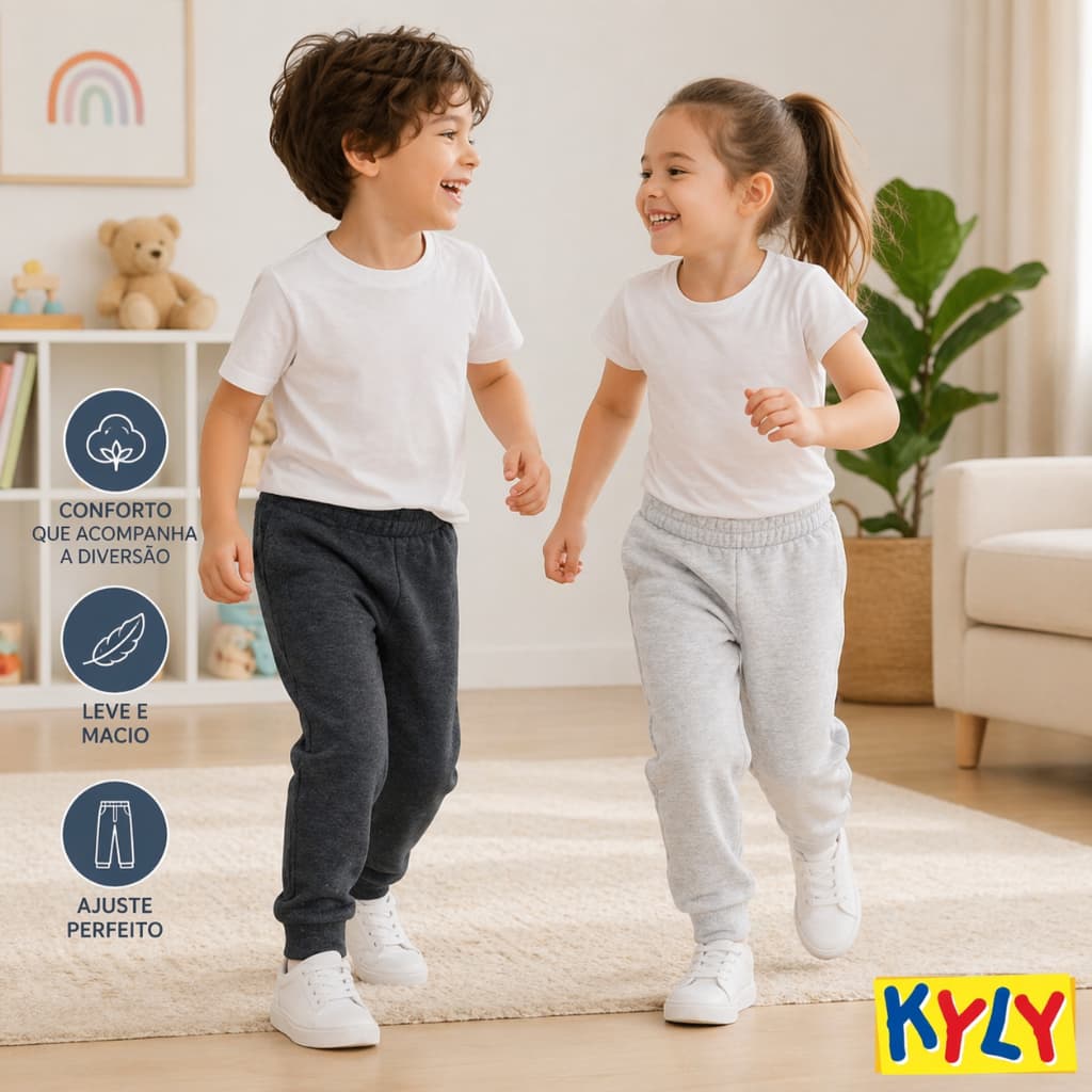 Kit 2 Calca de Moletom Kyly Infantil Unissex Flanelada Com Punho Original