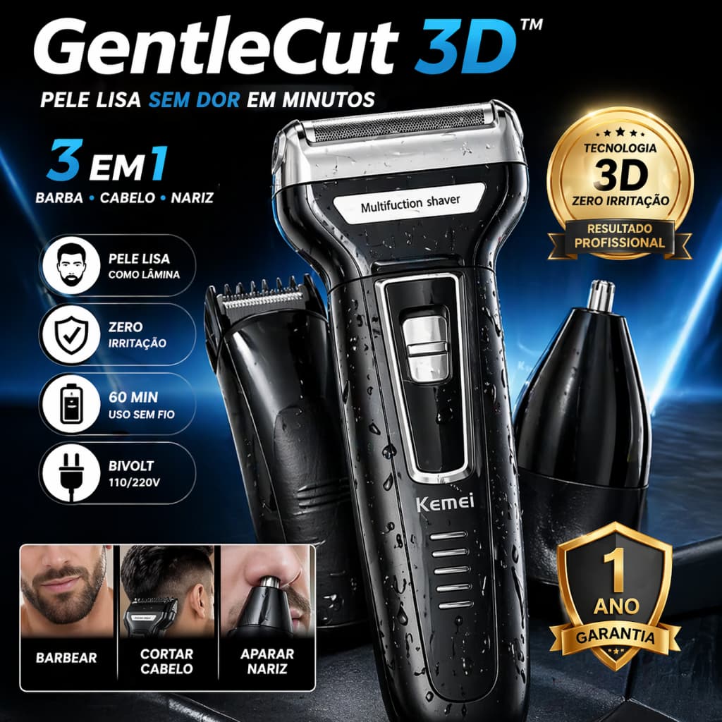 Barbeador Elétrico 3 em 1 Sem Fio Recarregável Aparador Barba Cabelo Nariz Zero Irritação GentleCut 3D