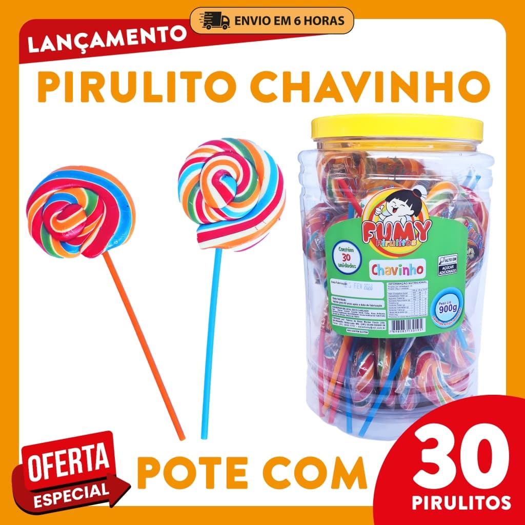 Kit 30 Pirulitos Chavinho Fumy – doces para festa infantil, lembrancinhas, aniversários, decoração