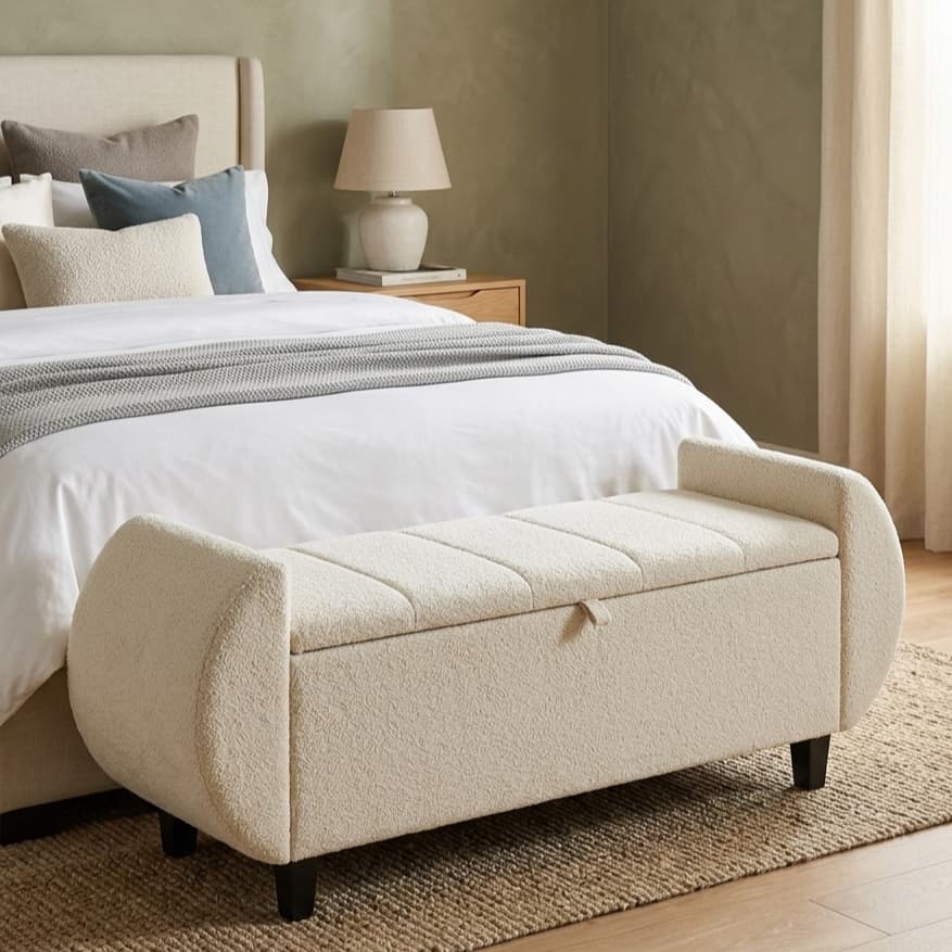 Baú Recamier Divã Banco Toquio 130/150 Organizador Tecido Bouclê Orgânico Estrutura Madeira Cama Casal Quarto Closet -AV