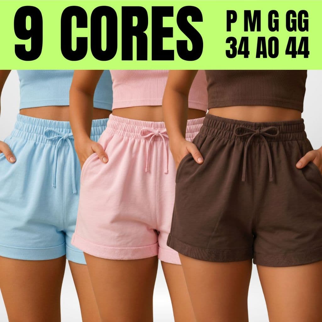 Short Feminino Moletinho Moletom Curto Soltinho com Bolso Cintura Alta Bermuda Levinho Rosa Cinza Azul Preto Verde