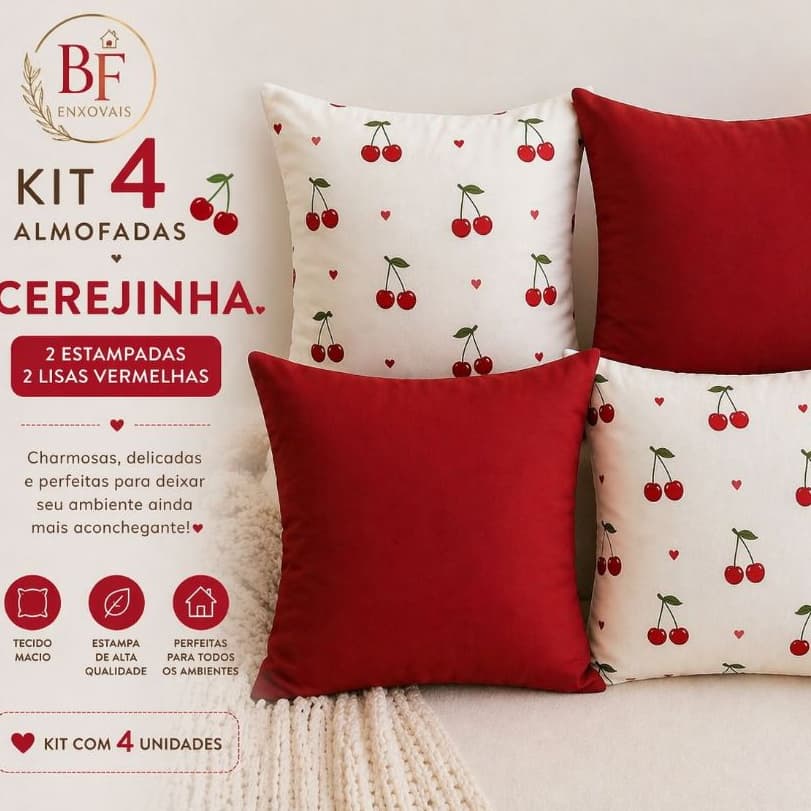 Kit 4 Almofadas Cheias Decorativas de Cerejinha, Coração e Borboleta 45cm x 45cm