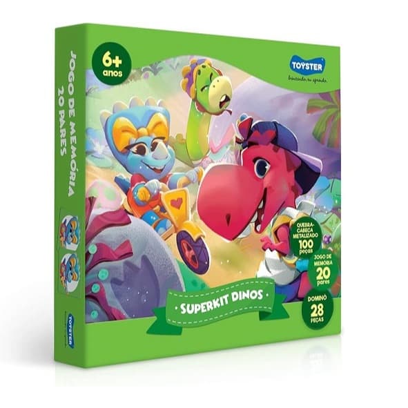 Super Kit Dinos 3 jogos em 1 Quebra Cabeça Domino Memoria Toyster