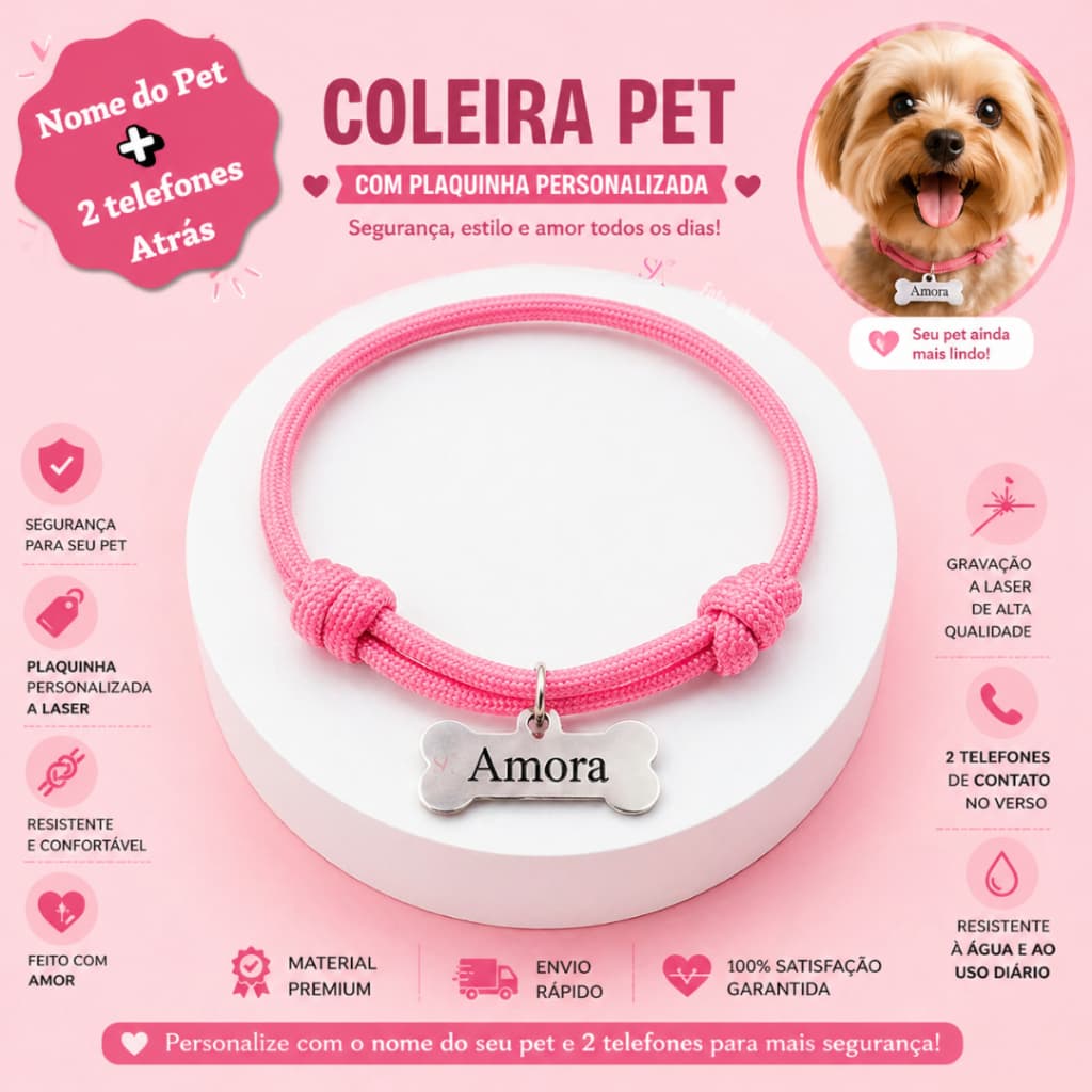Coleira Personalizada Trançada com Plaquinha de Identificação para Cachorro ou Gato B9
