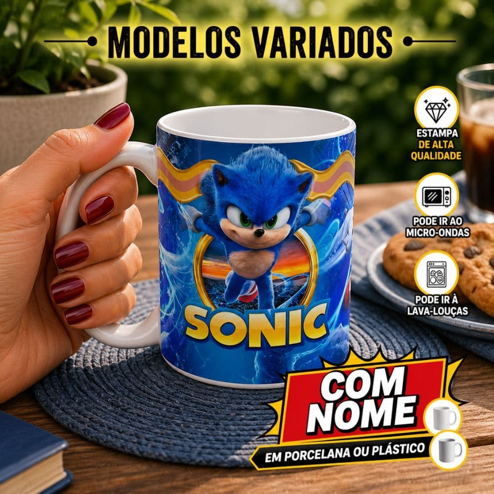 Caneca Personalizada Sonic COM NOME ( Porcelana ou Plástico )