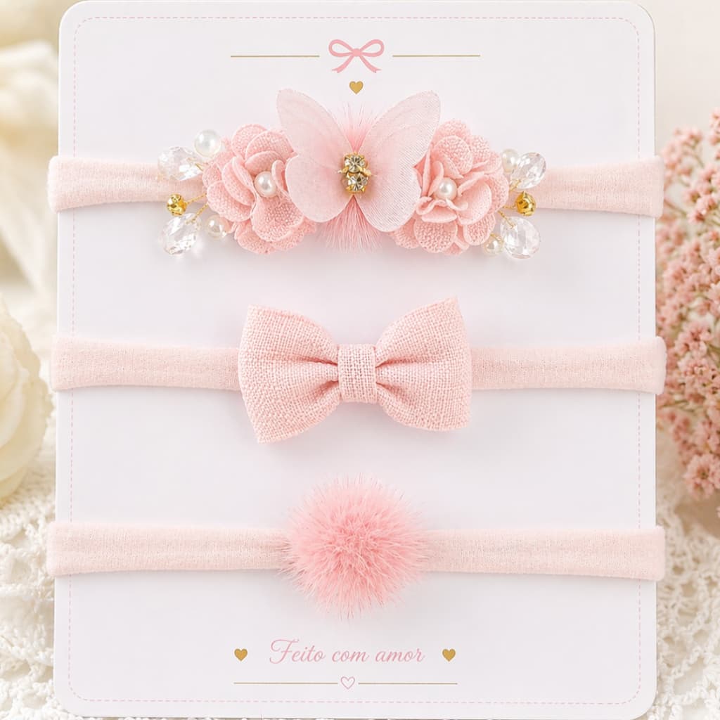 Kit  3 Tiaras na faixa de meia  com flores /Rosê  /maternidade/ flor/lacinho /handband