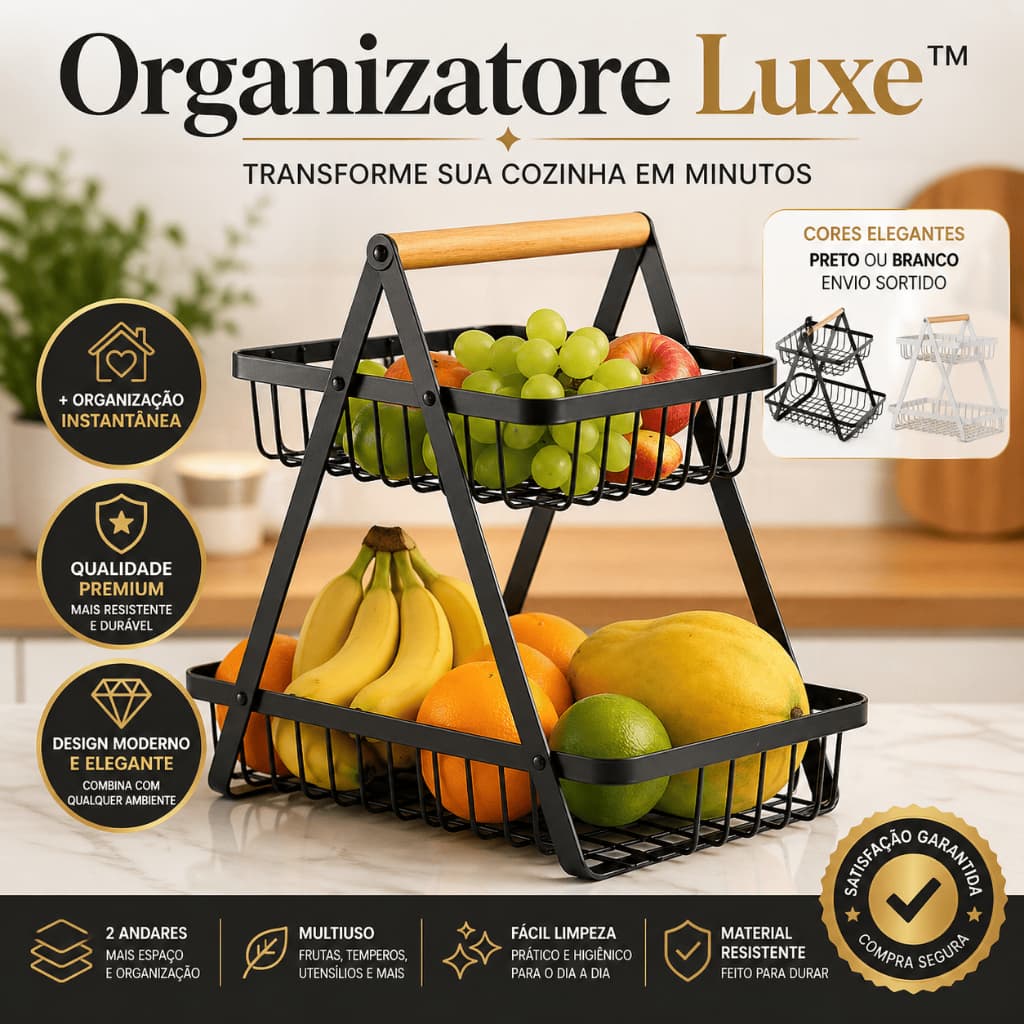 Fruteira Metal Organizador Cozinha 2 Andares Alca Madeira Versatil
