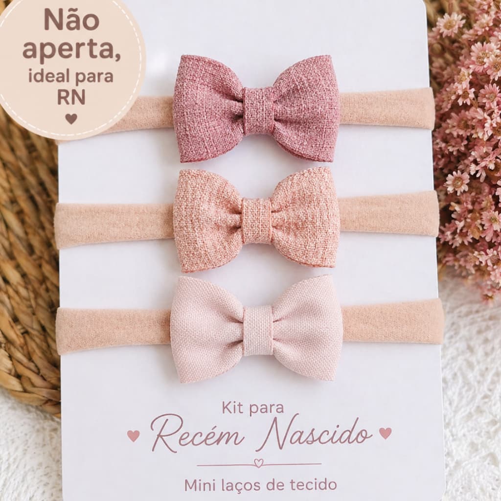 Kit 3 Acessórios Bebê Menina | Tiaras com Laços  tecido linho RN Newborn | Faixinha de Meia Conforto