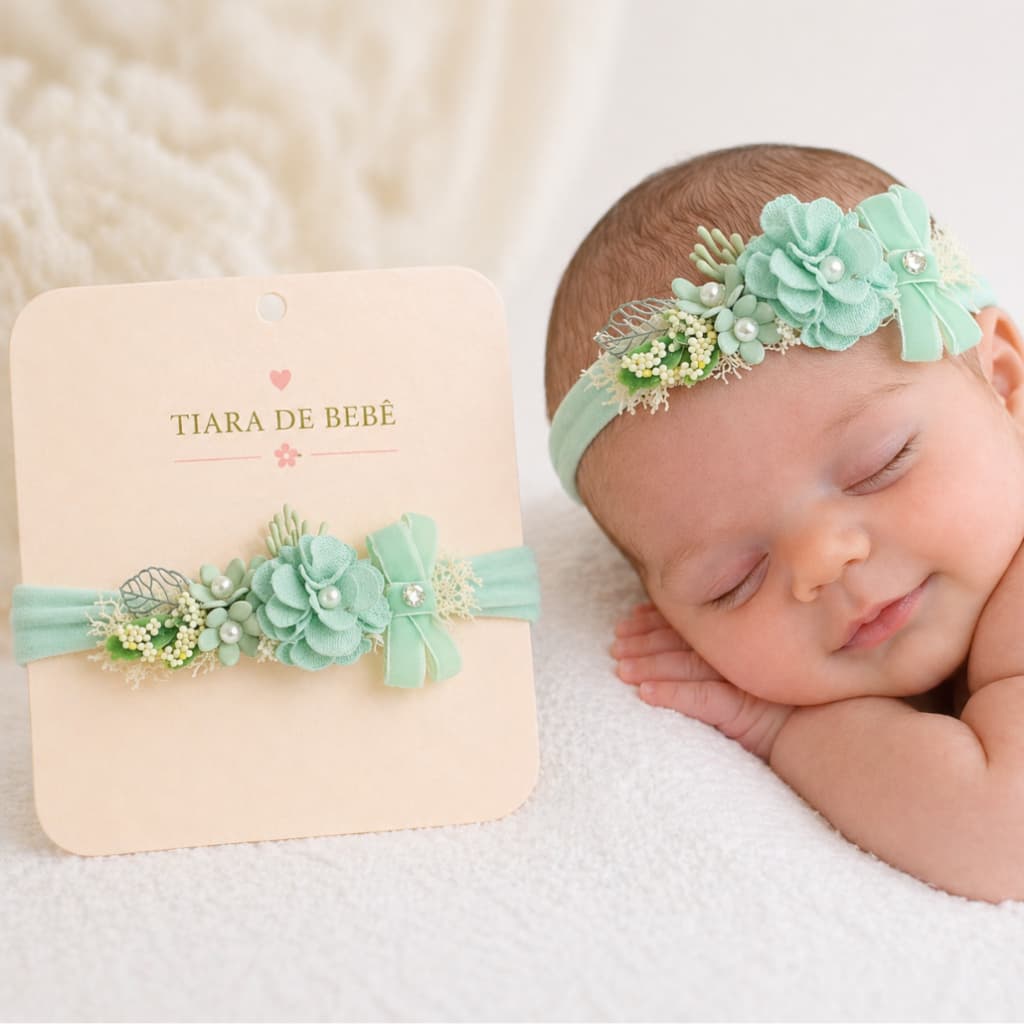 Tiara Bebê Verde Menta Enxoval Maternidade com Flor e Pérolas