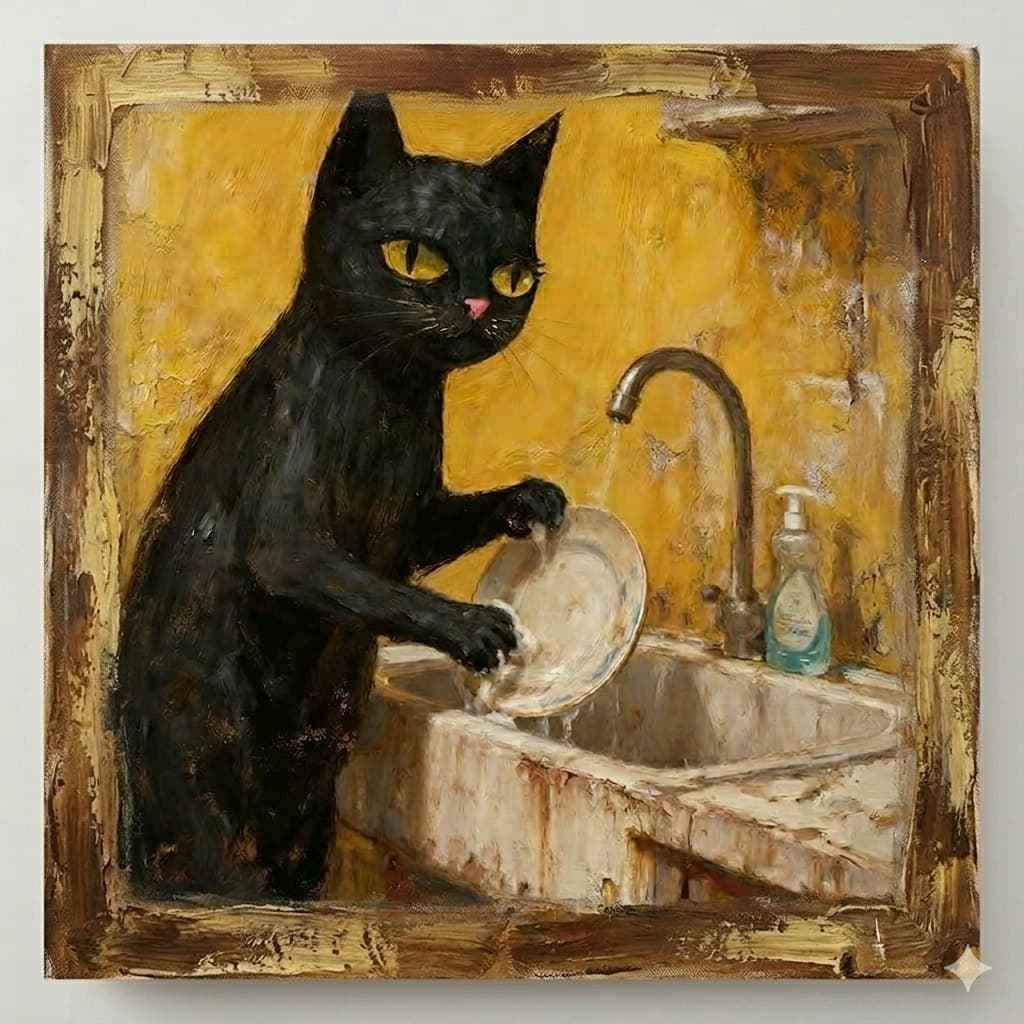 Quadro Decorativo Gato Preto Lavando Louça  Estilo Retrô Minimalista Vintage Hall