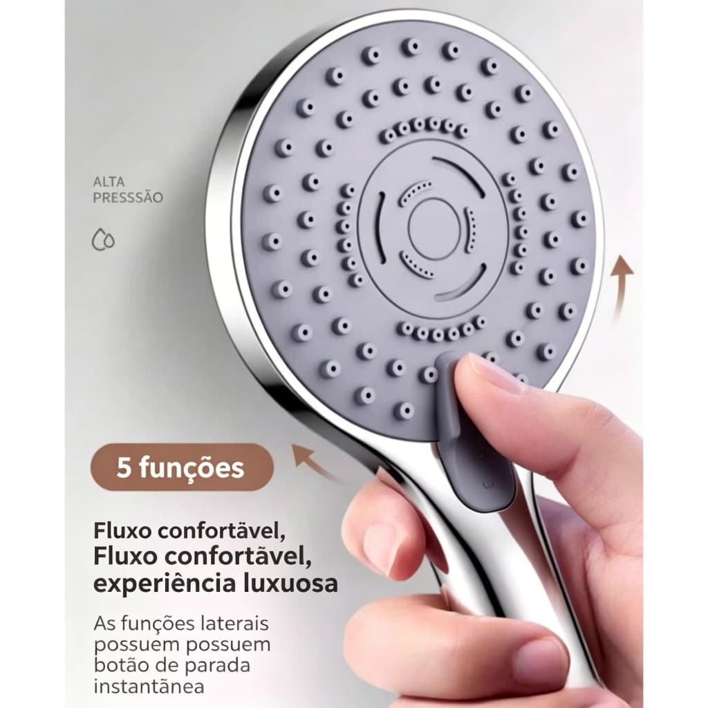 Ducha Manual para Banheiro 5 Modos com Mangueira Flexível e Suporte de Parede