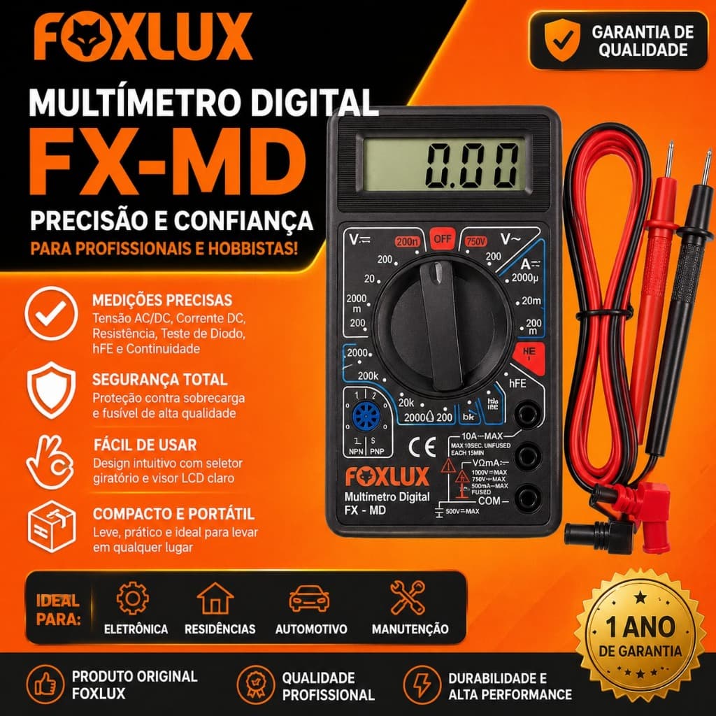 Multímetro Digital Profissional Foxlux FX-MD Teste Tensão Corrente Resistência Voltagem Eletricista