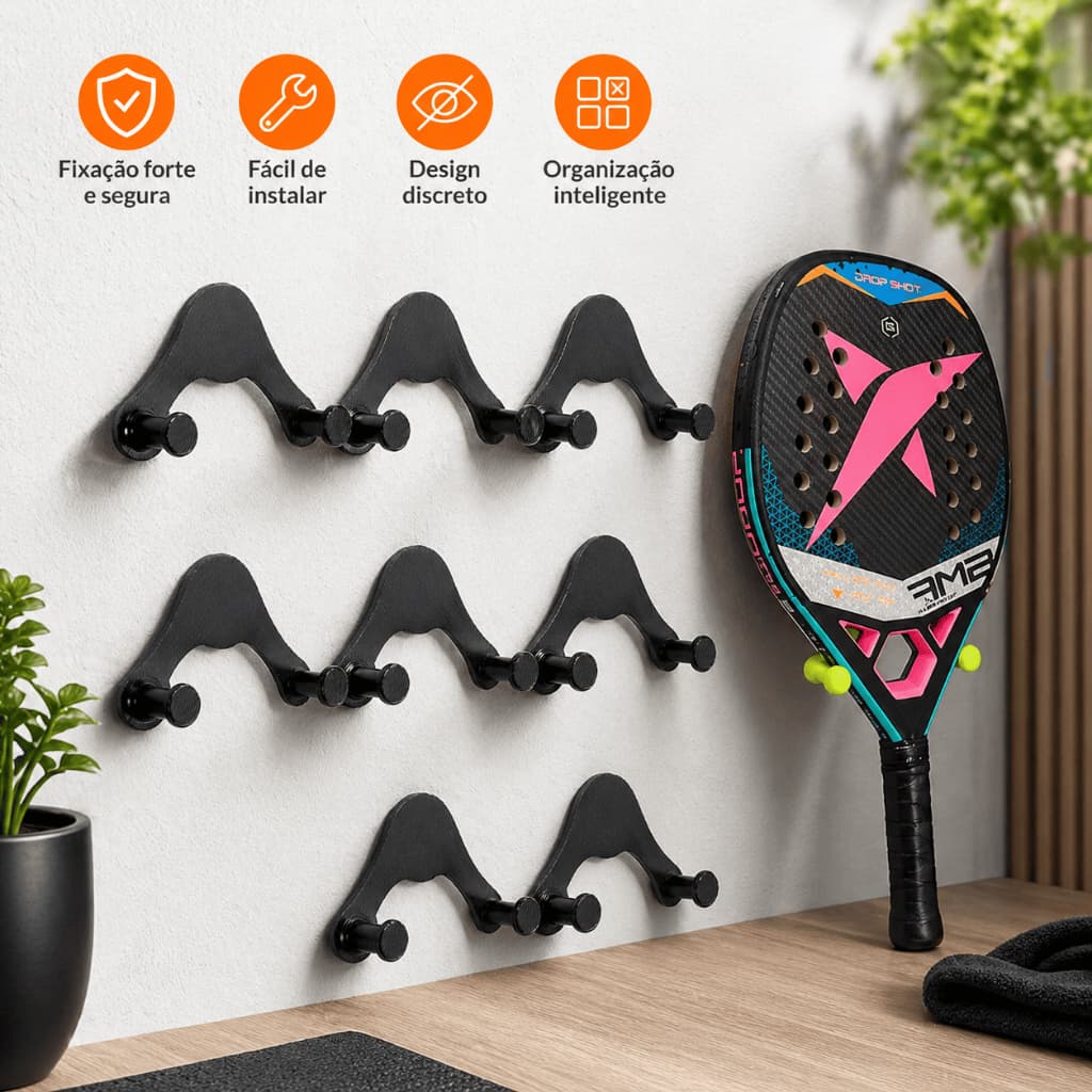 Suporte de Parede para Raquete – Beach Tennis, Tênis e Badminton | Organizador Prático